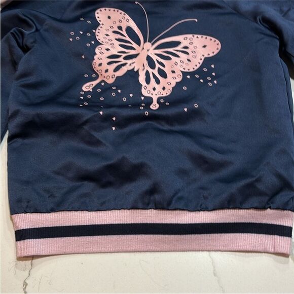 Colorful Planet | Navy Blue Girls Satin Butterfly Reversible Lined Bomber 6/6X - Picture 12 of 15